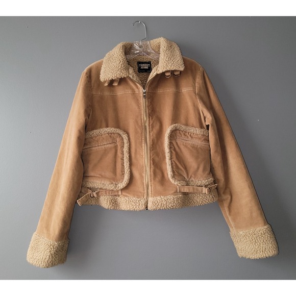 Guess Jackets & Blazers - Guess Women's Tan Sherpa Jacket Faux fur lined Zipper Front Size Medium